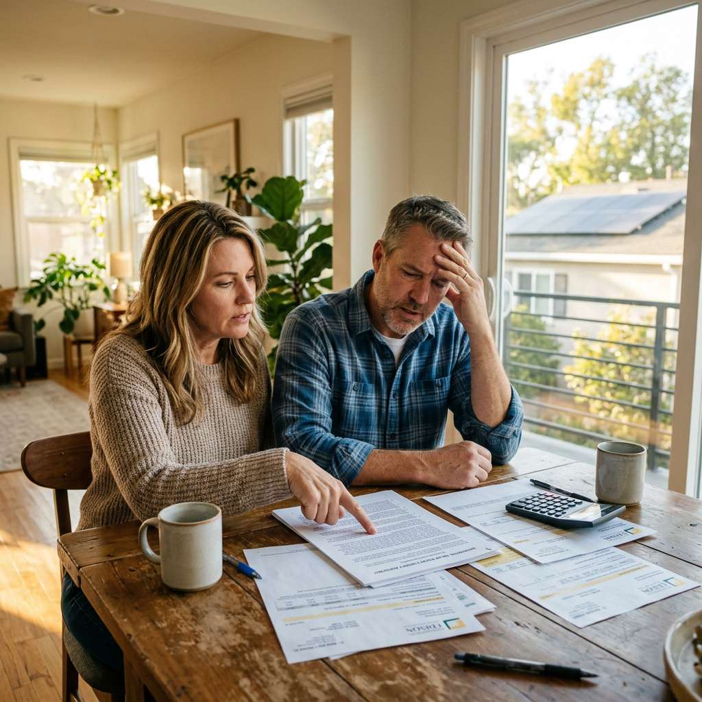 Frustrated California couple reviewing solar contract cancellation options