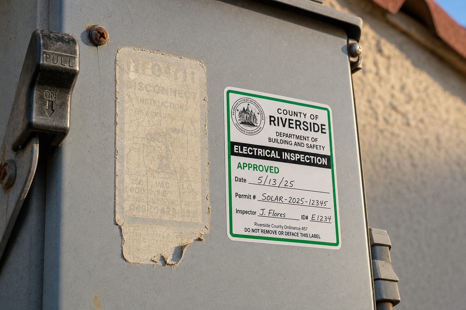 A weathered, sun-faded solar equipment label beside a fresh inspection sticker, showing a decade-old