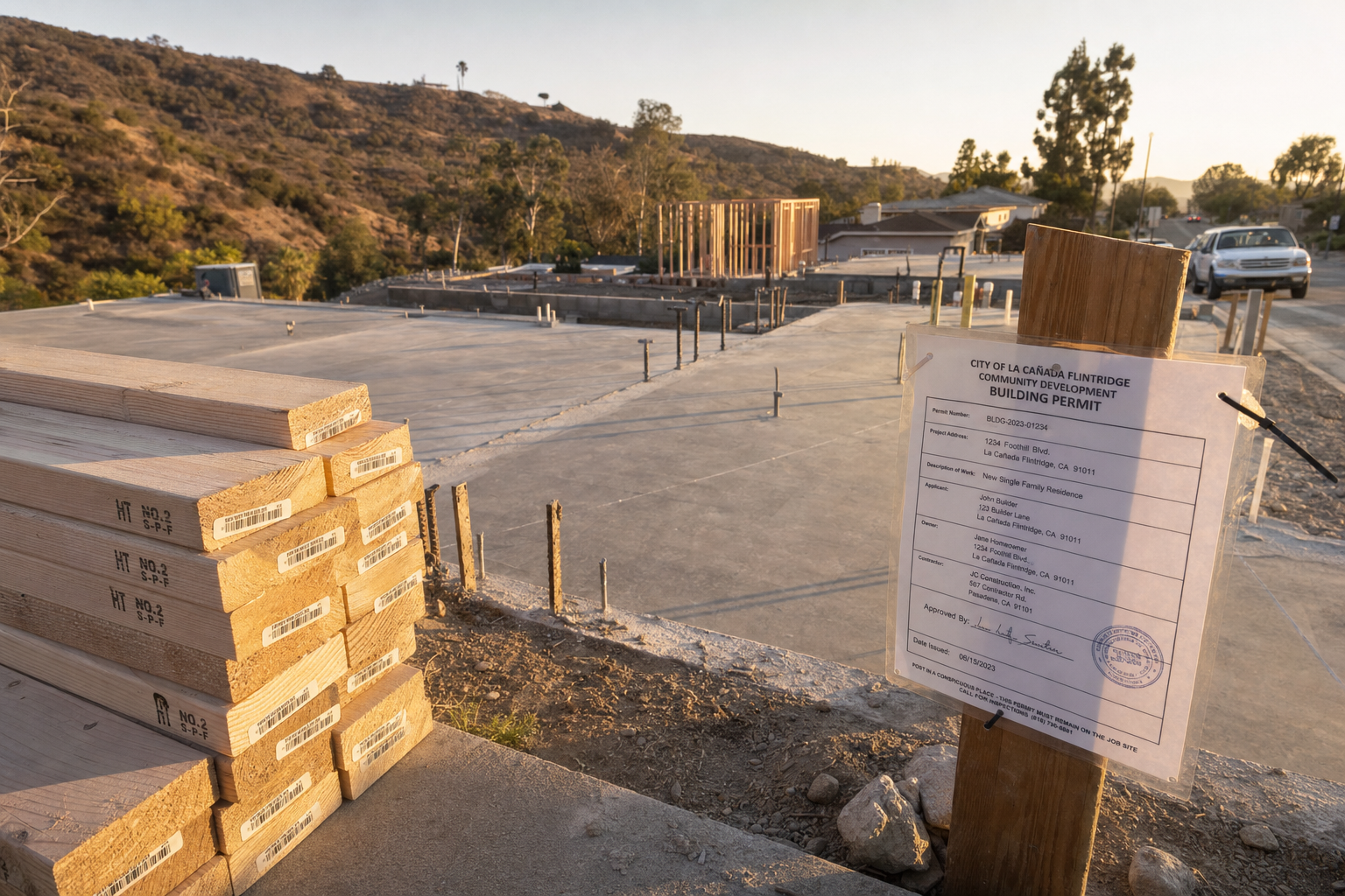 A cleared building lot with a permit posted, marking the early stages of rebuilding 