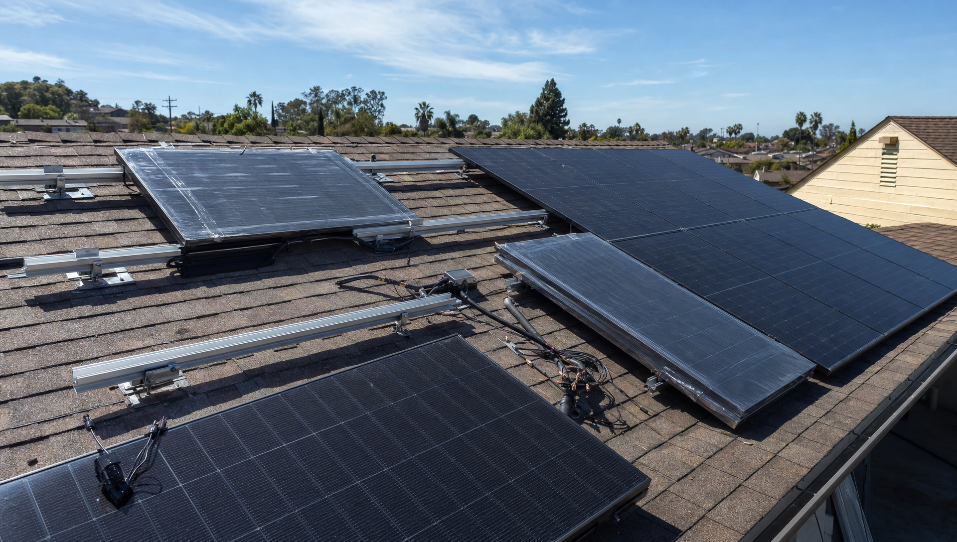 Unfinished solar panel installation on a California home's roof with exposed wiring