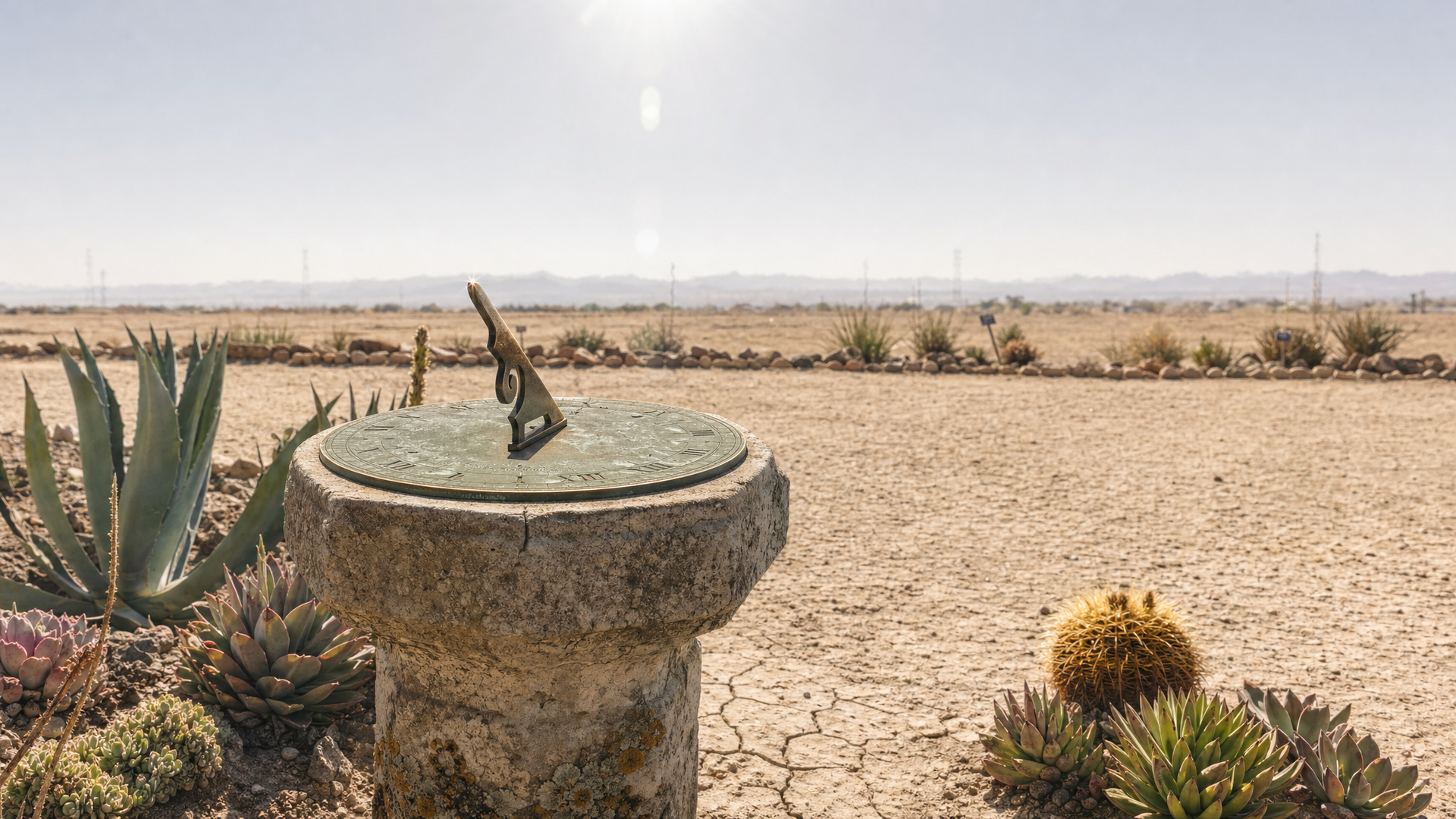 A brass sundial casting almost no shadow under the blinding midday sun in a drought-tolerant CA
