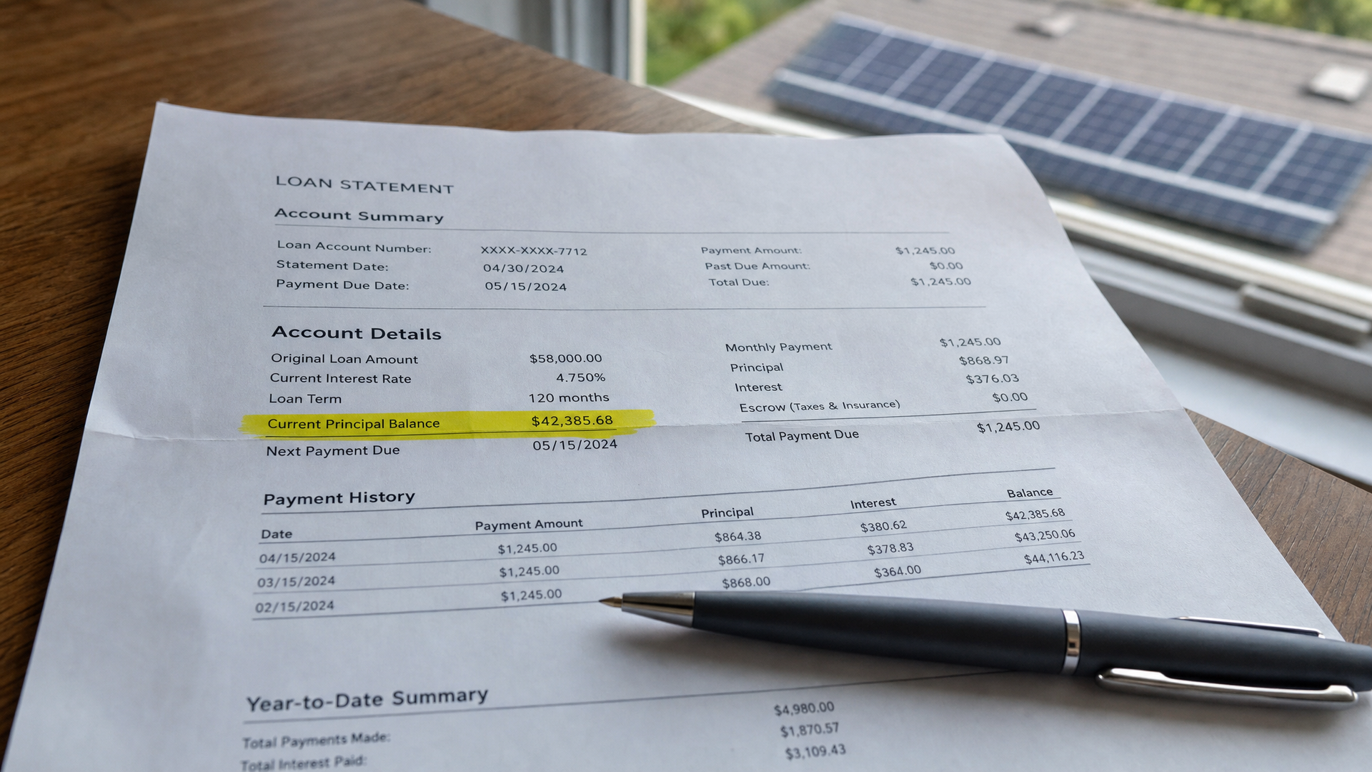 A highlighted loan balance on a solar financing statement