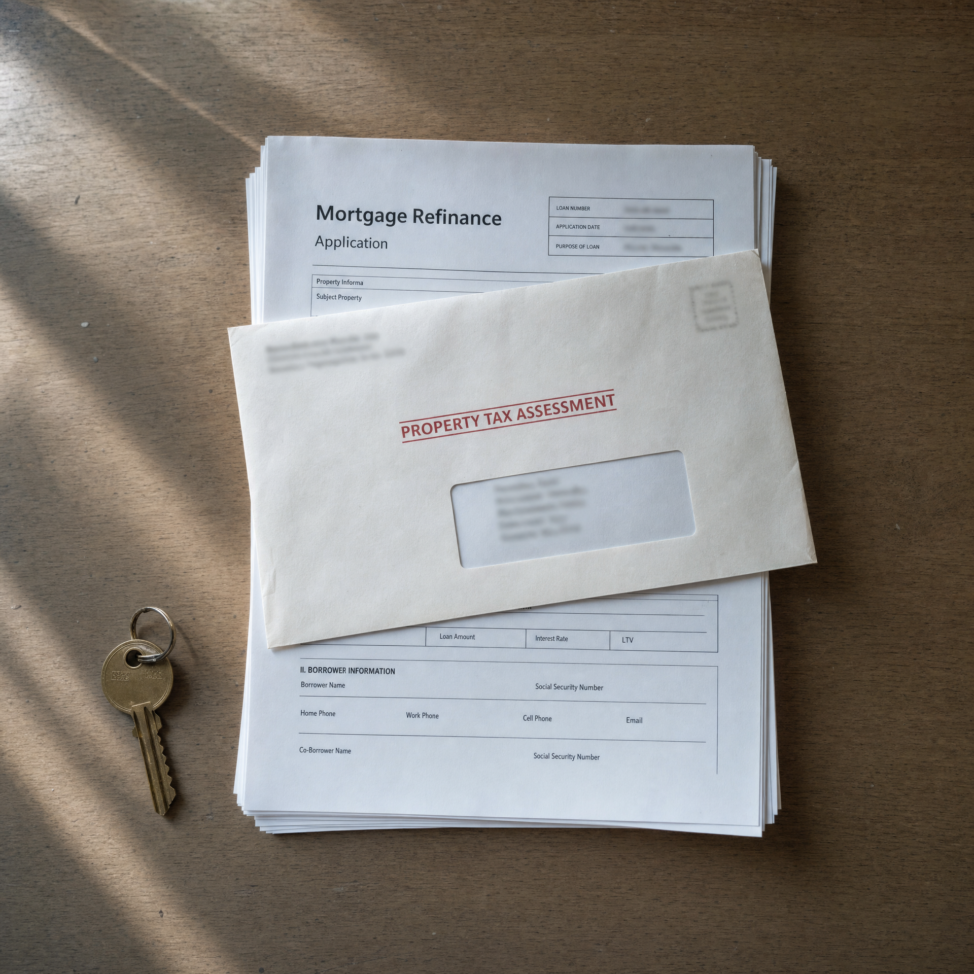 A property tax assessment sitting on top of mortgage refinance paperwork, illustrating PACE lien 