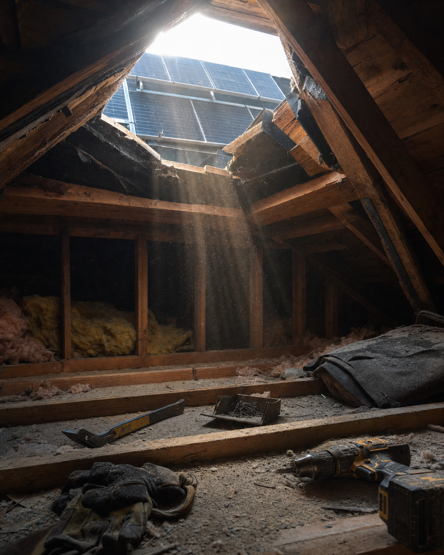 An exposed roof section with removed shingles but solar panels still in place