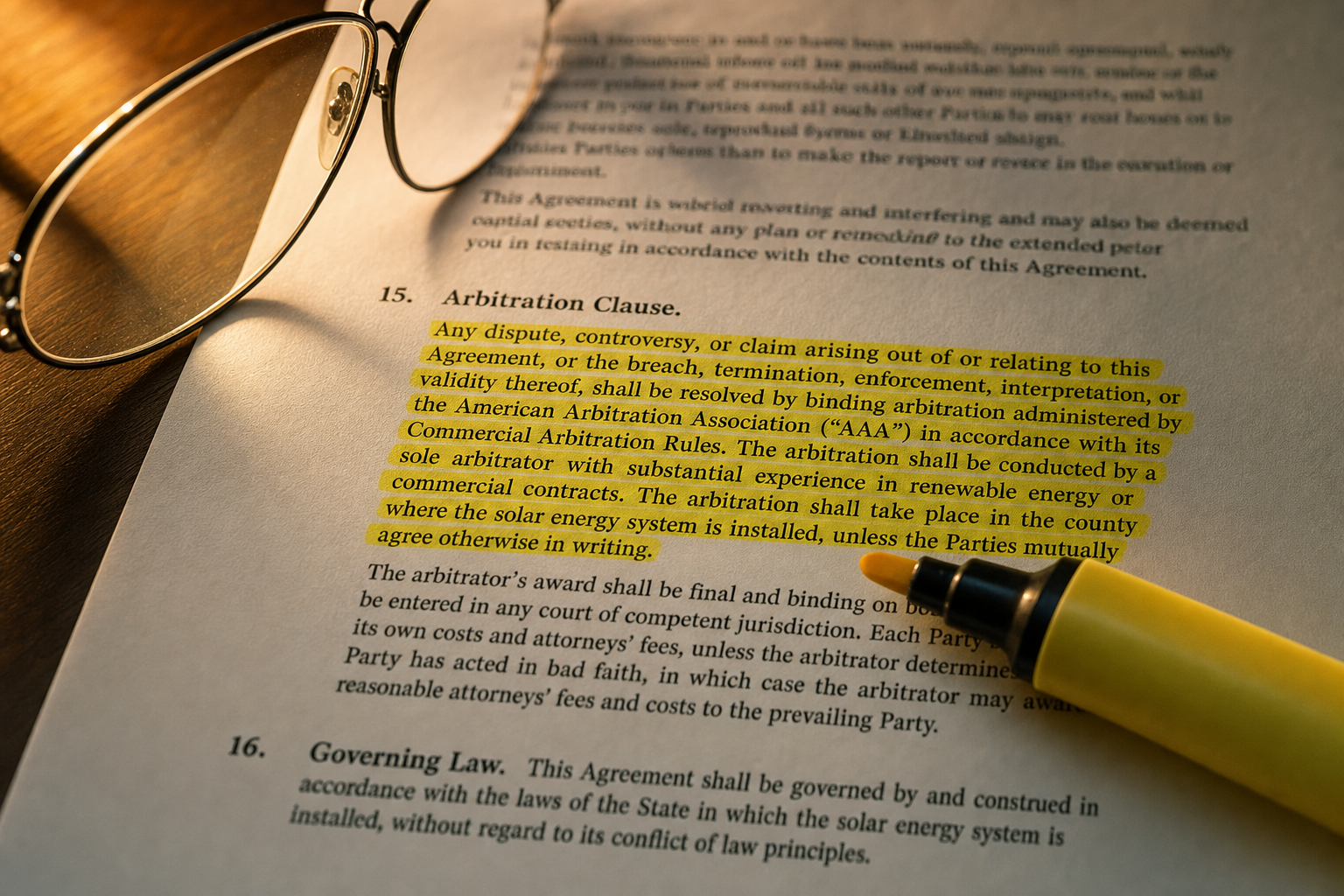 A highlighted arbitration clause section in a printed solar contract
