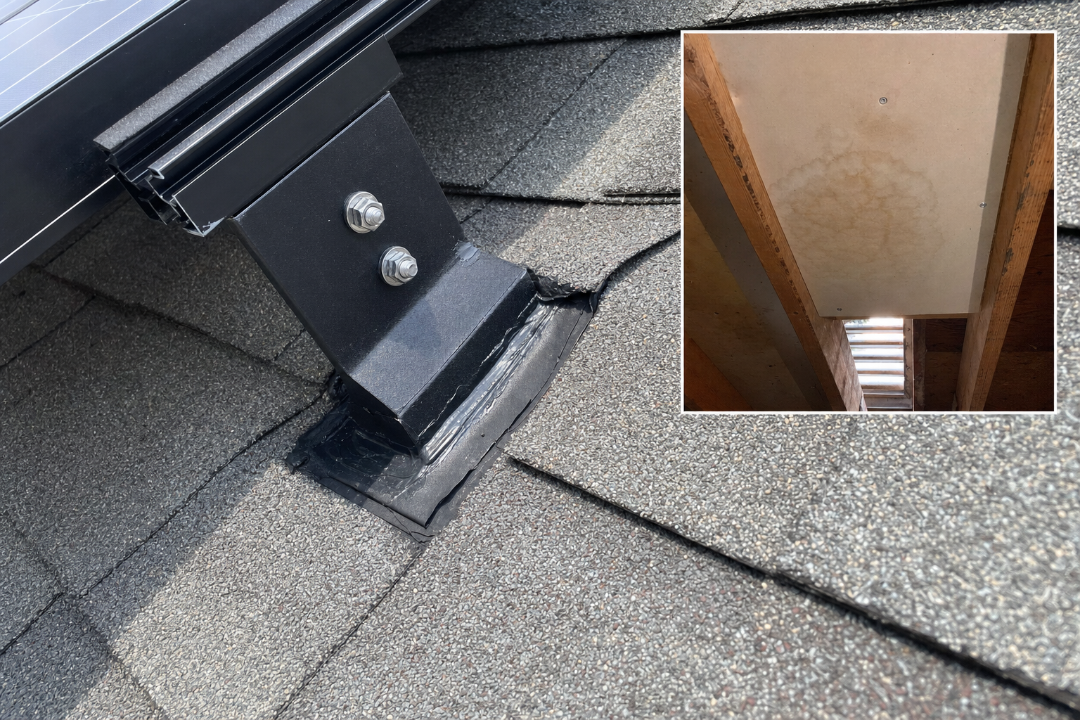 A solar panel roof mounting point showing early signs of a water leak