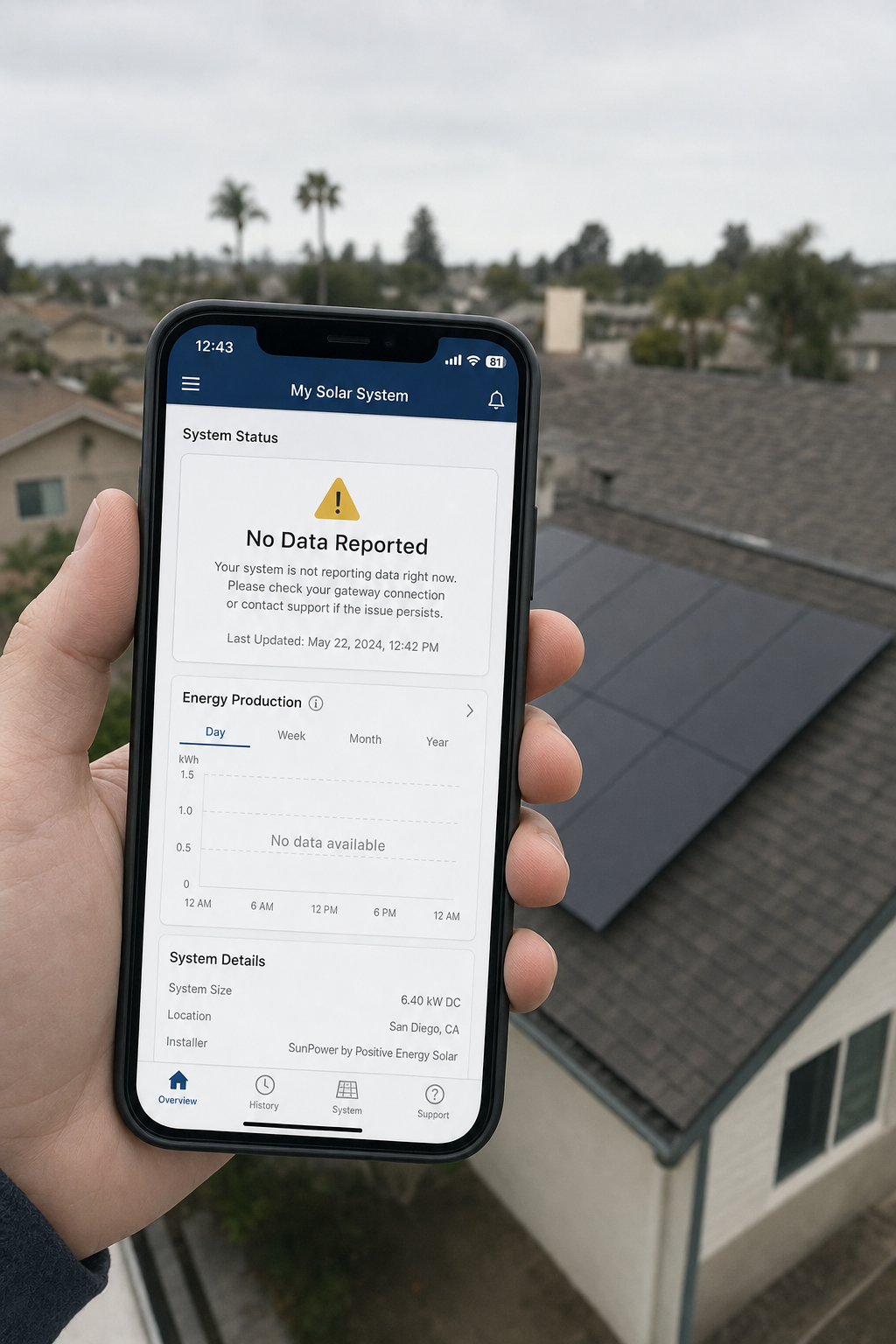 A solar monitoring app showing a system error with no data reported, illustrating an unsupported ADT