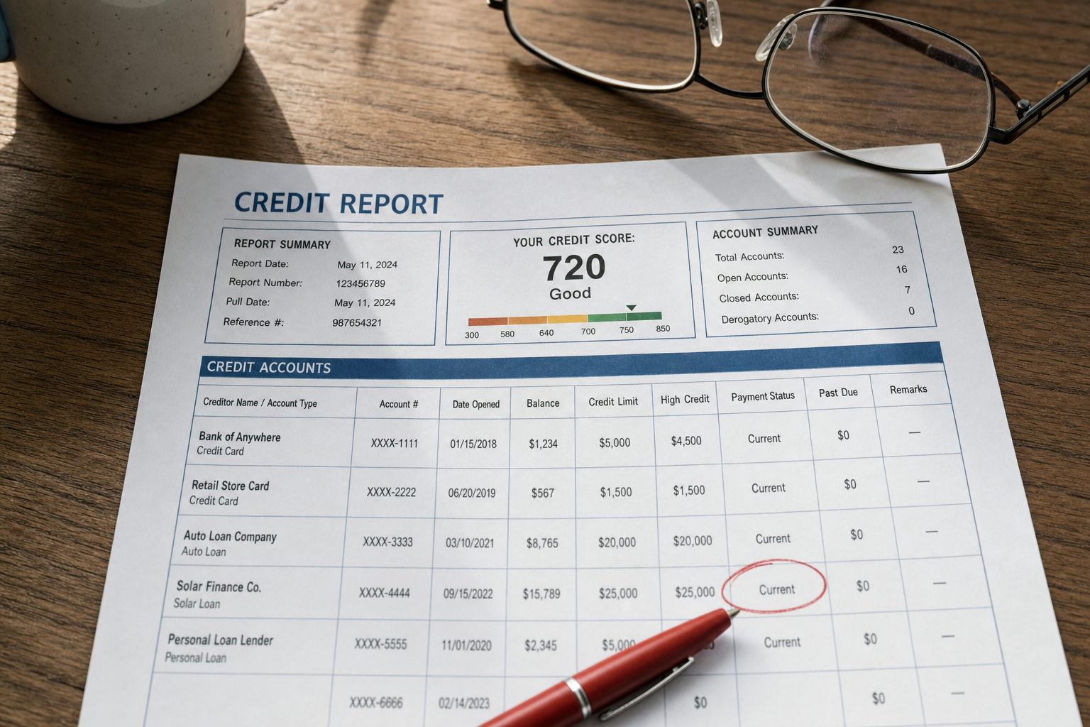 A credit report showing a solar loan tradeline with the account status circled