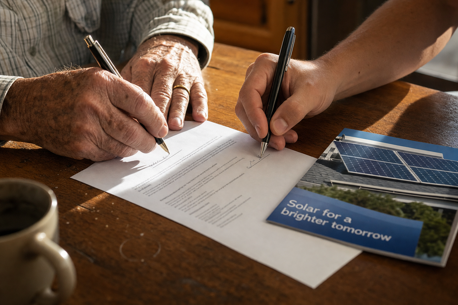 An adult child and parent both signing a solar loan agreement at a kitchen table
