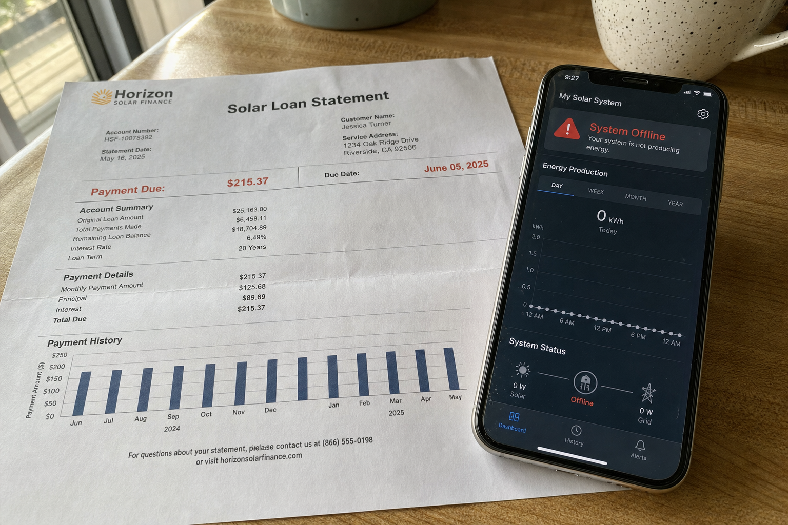 A solar loan statement beside a phone showing a 