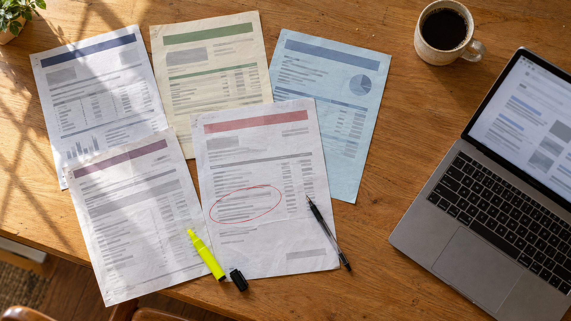 Several solar loan statements from different lenders spread on a kitchen table beside a laptop
