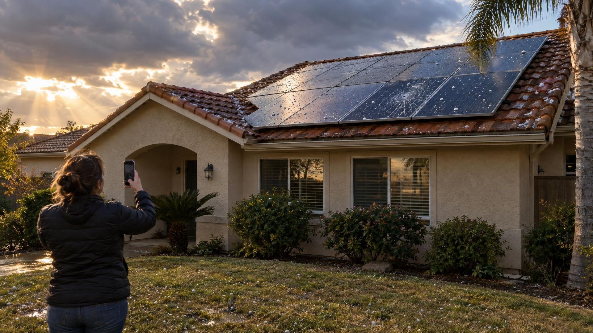 A homeowner photographing a rooftop solar array with a cracked panel after a hailstorm