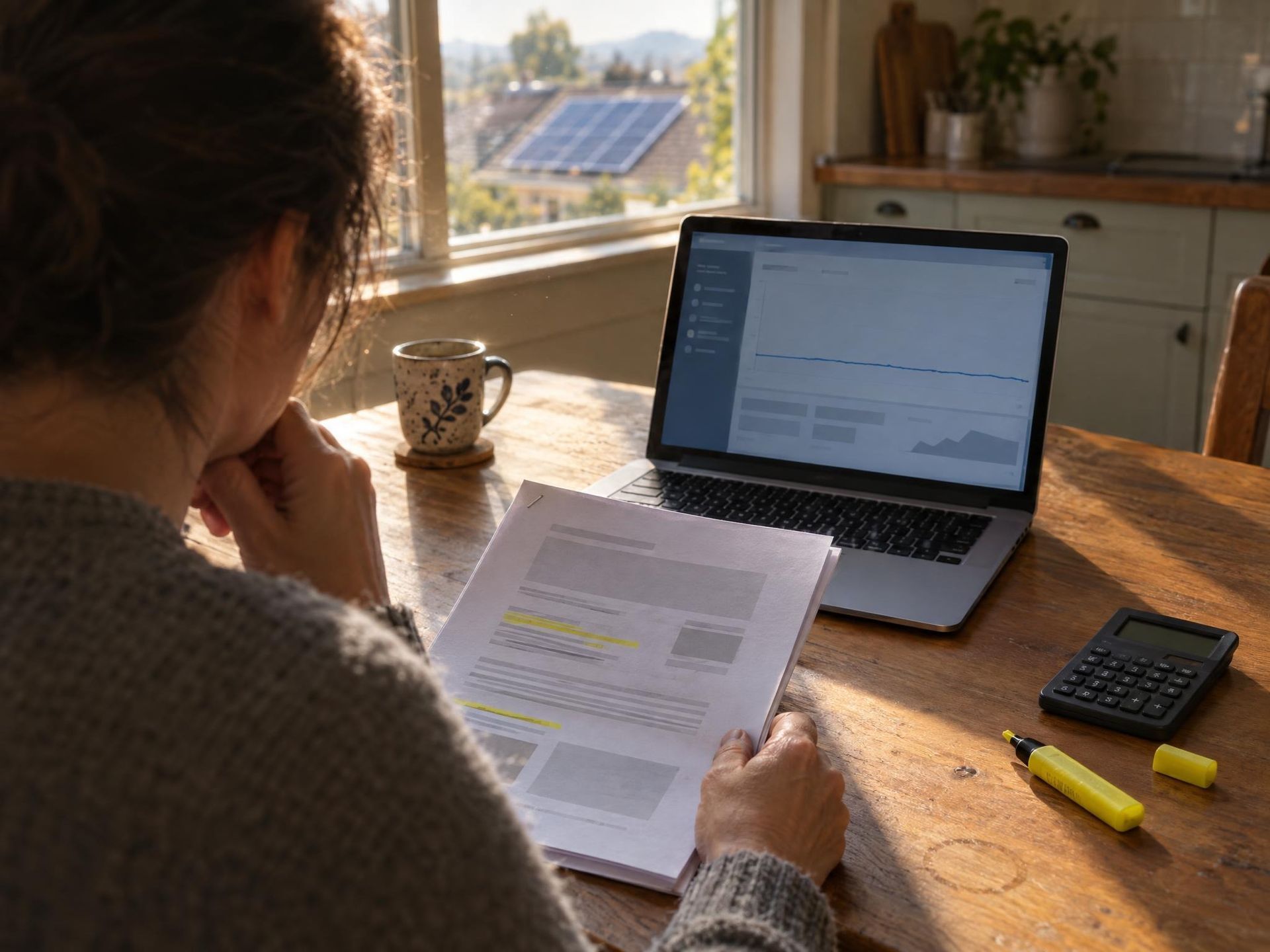 A homeowner comparing a solar proposal with a monitoring graph at a kitchen table