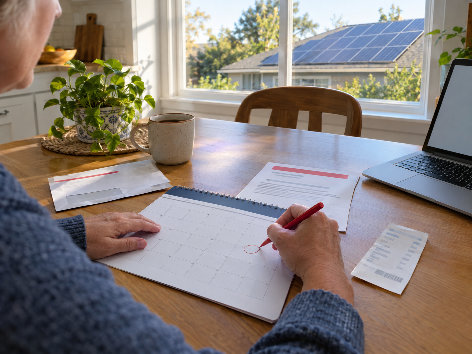 A homeowner marking a calendar deadline beside a cancellation notice and mail receipt at a kitchen