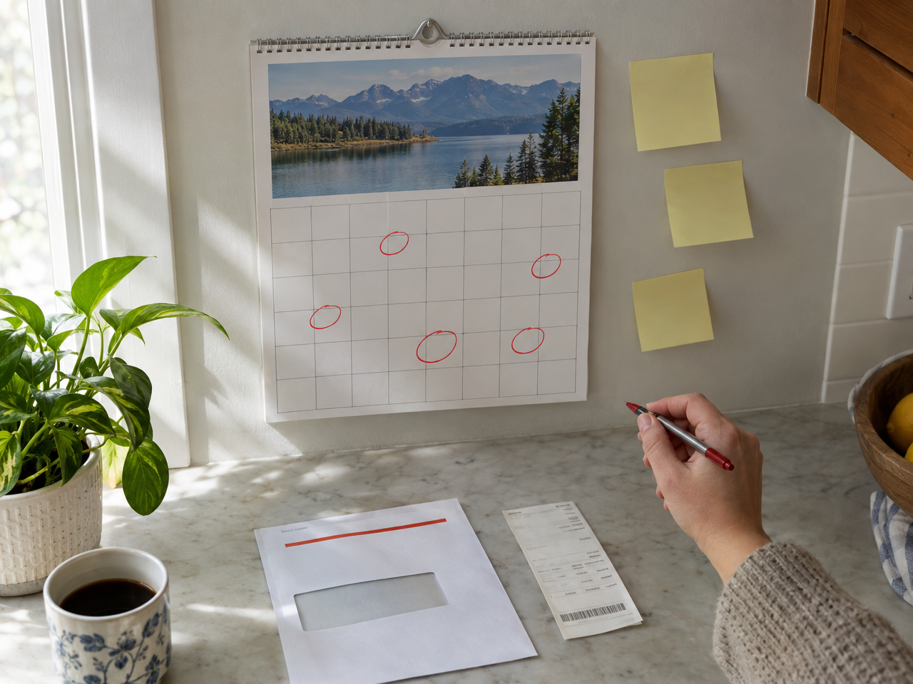 A wall calendar with deadline dates circled beside a cancellation notice and mail receipt