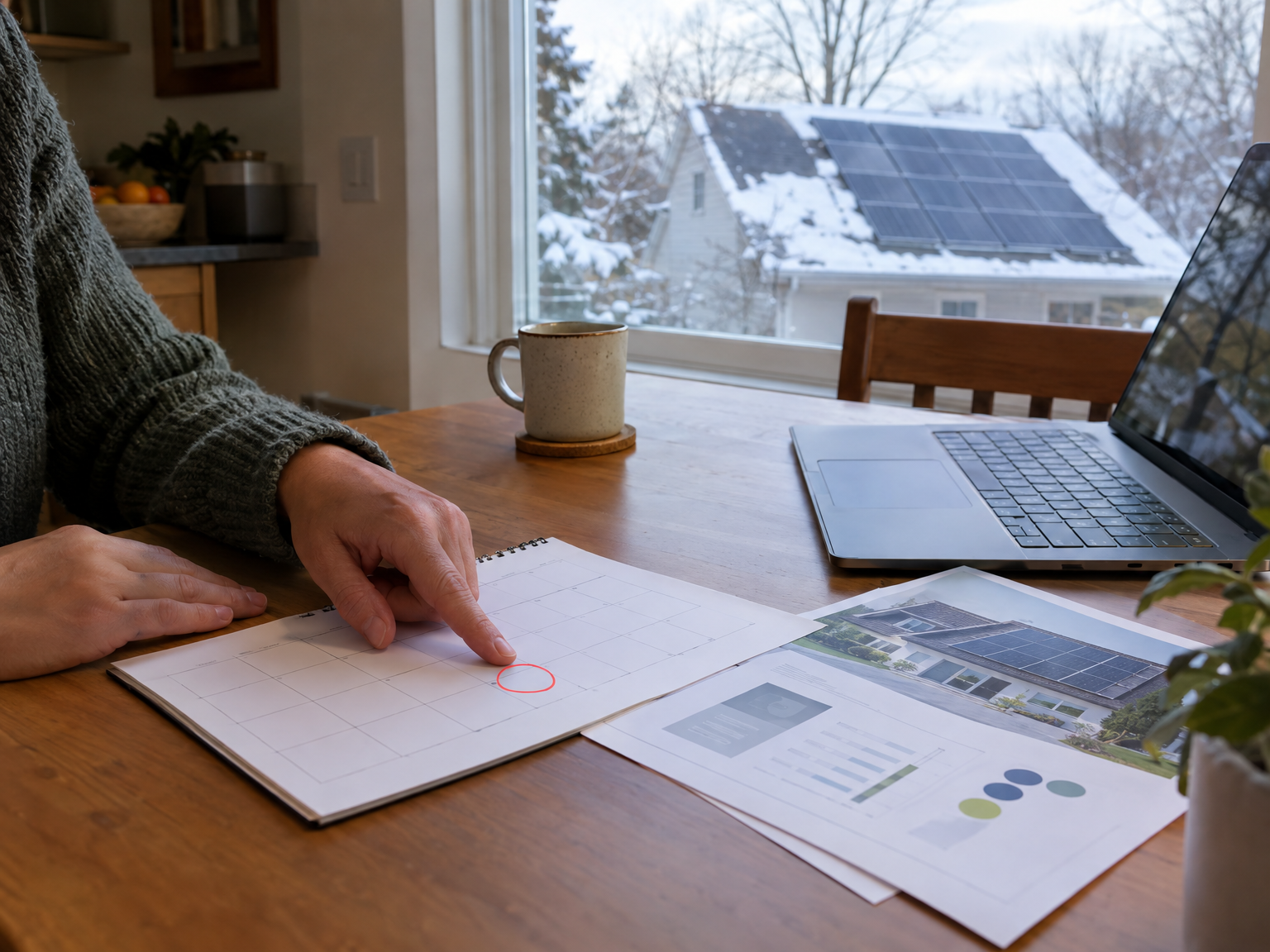 A homeowner pointing at a circled late-December date on a calendar beside a solar proposal