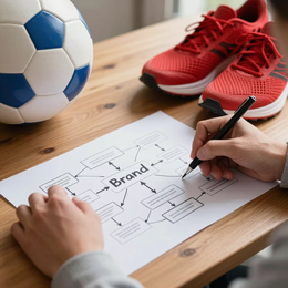 Hands sketching a brand strategy diagram beside a blue-and-white soccer ball and red running shoes on a table