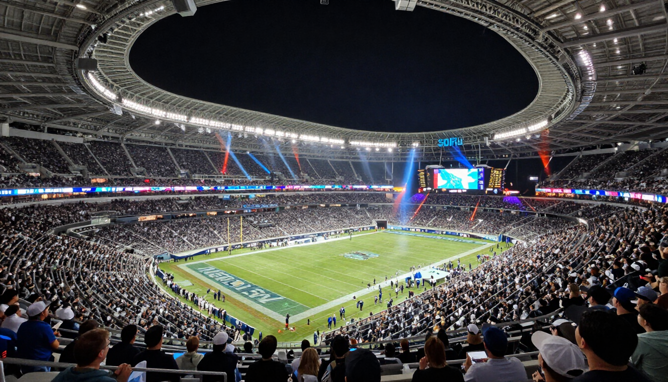 Wide view of SoFi Stadium prepared for a major sports and entertainment event