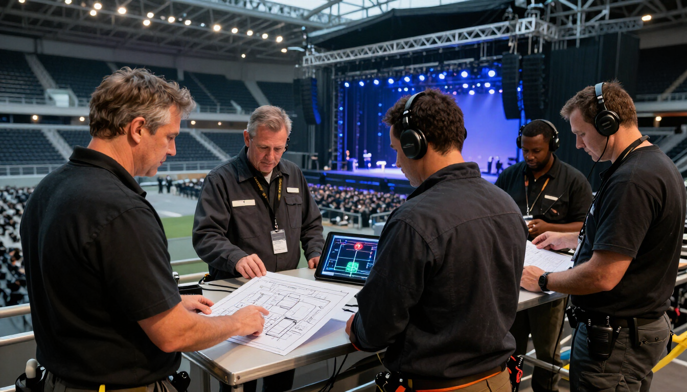 Behind-the-scenes production planning for a large stadium halftime performance