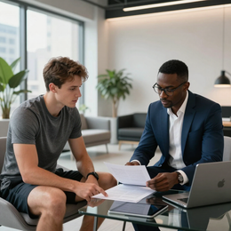 Two men reviewing documents at a modern office table with a laptop and tablet