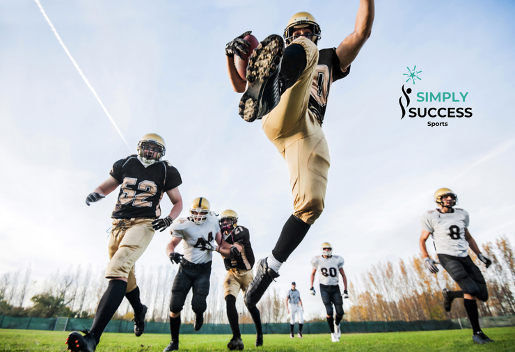 Football players leaping and running on a field during practice, with “Simply Success” logo in the sky