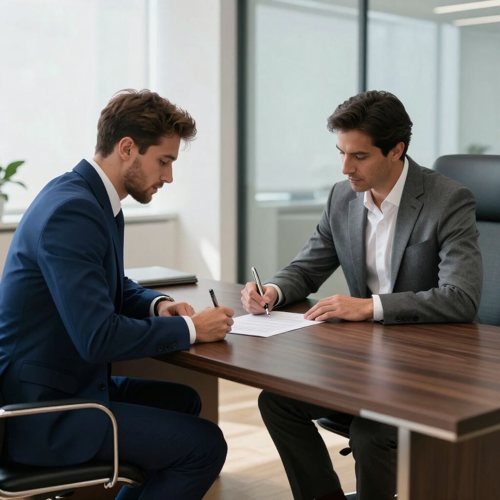 Two men in suits signing a document at a conference table in an office