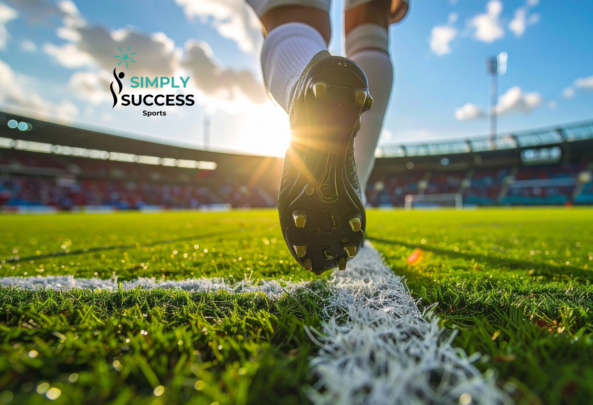 Football player’s cleat on the sideline at a sunny stadium, with “Simply Success” logo