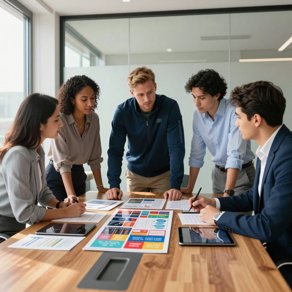 Five coworkers reviewing colorful design layouts around a conference table in a glass meeting room