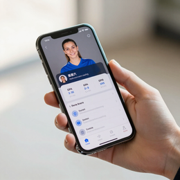 Hand holding a smartphone showing a profile screen with a smiling person in a blue shirt