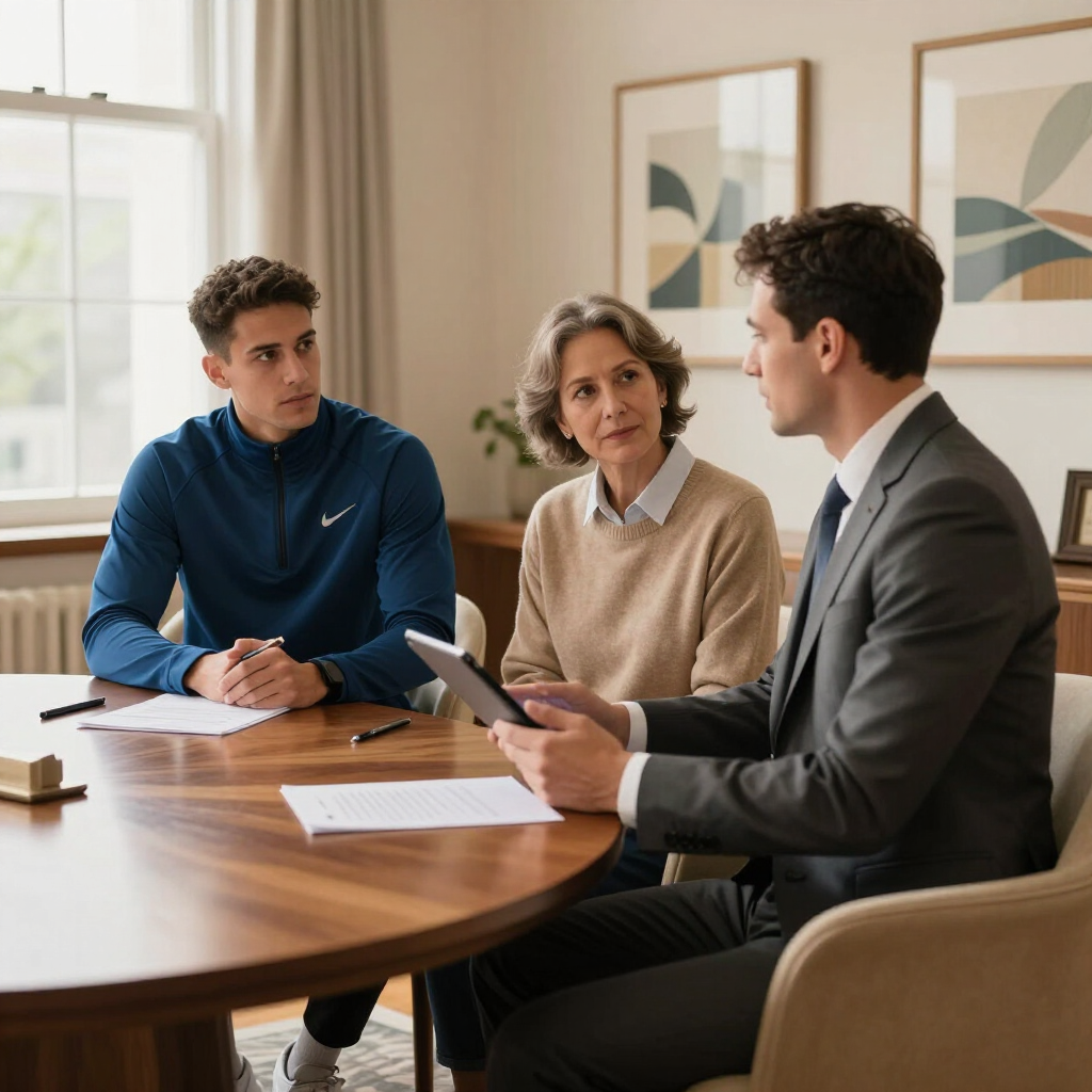 Three people in a meeting around a wooden table, discussing documents in a bright office.
