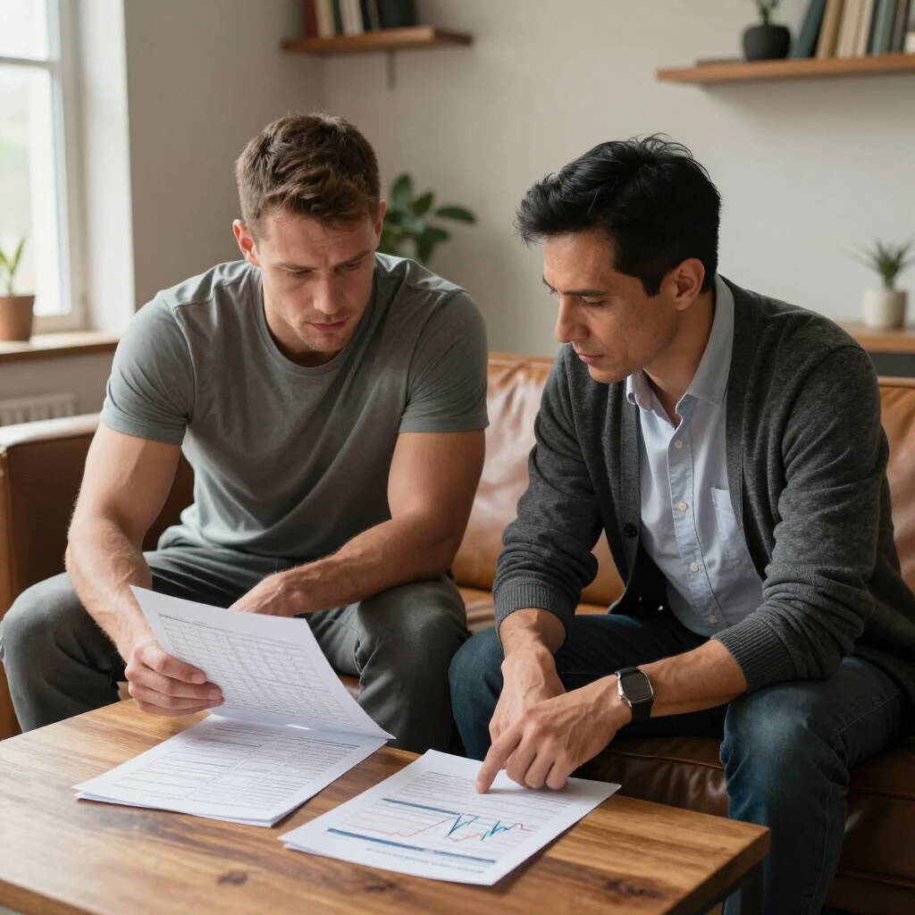 Two men reviewing documents together on a couch in a bright living room