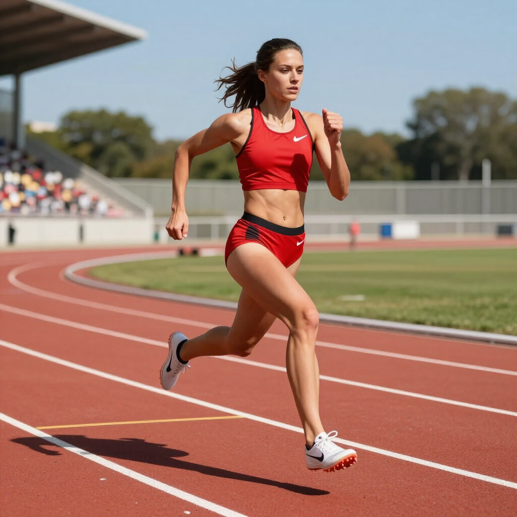 Runner in red racing gear sprinting on a track at an outdoor stadium