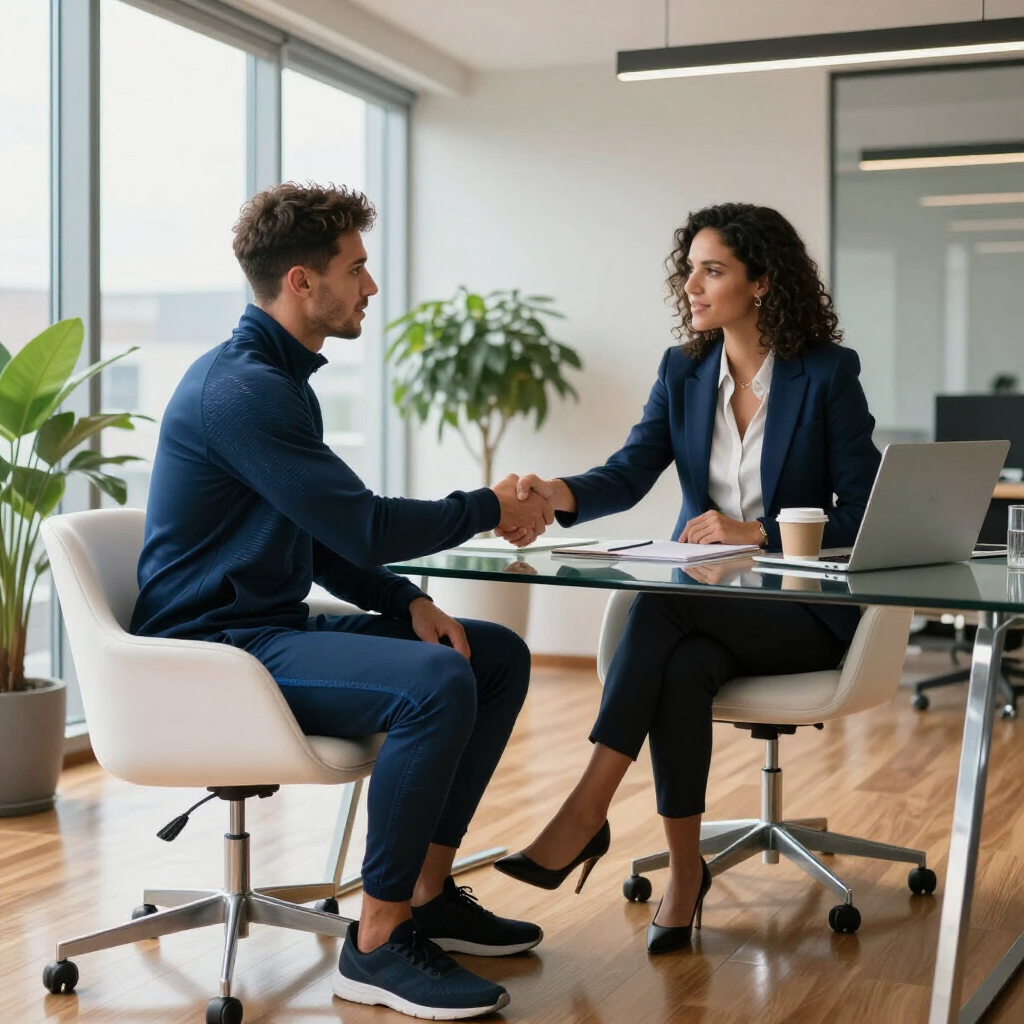 Two professionals shaking hands across a glass table in a bright modern office