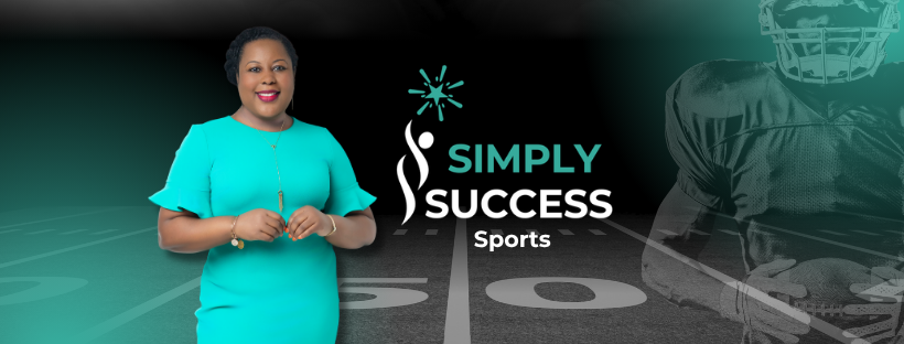 Philomena in turquoise stands beside “Simply Success Sports” logo on dark teal background with athlete silhouettes