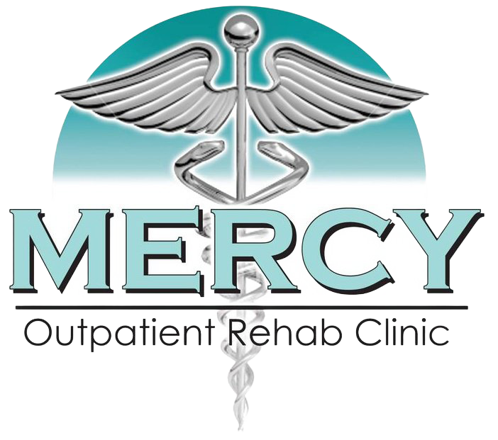 Mercy Outpatient Rehab Clinic logo with caduceus wings in teal and silver