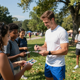 People exchanging cards in a sunny park, with one man in a white shirt smiling.