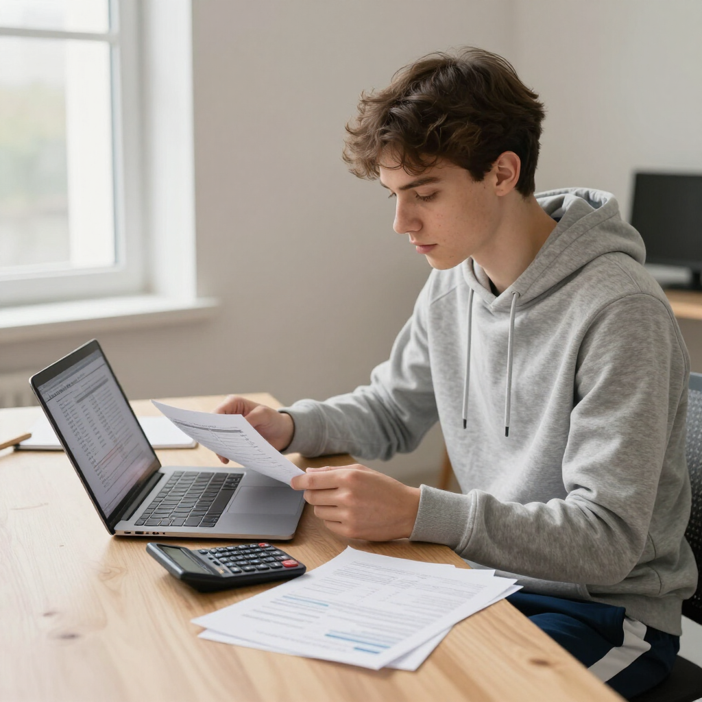 Person at a desk reviewing papers beside a laptop and calculator in a bright home office