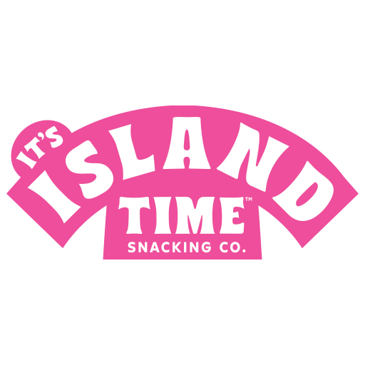 Pink “It’s Island Time Snacking Co.” logo with stylized white text on a curved banner.