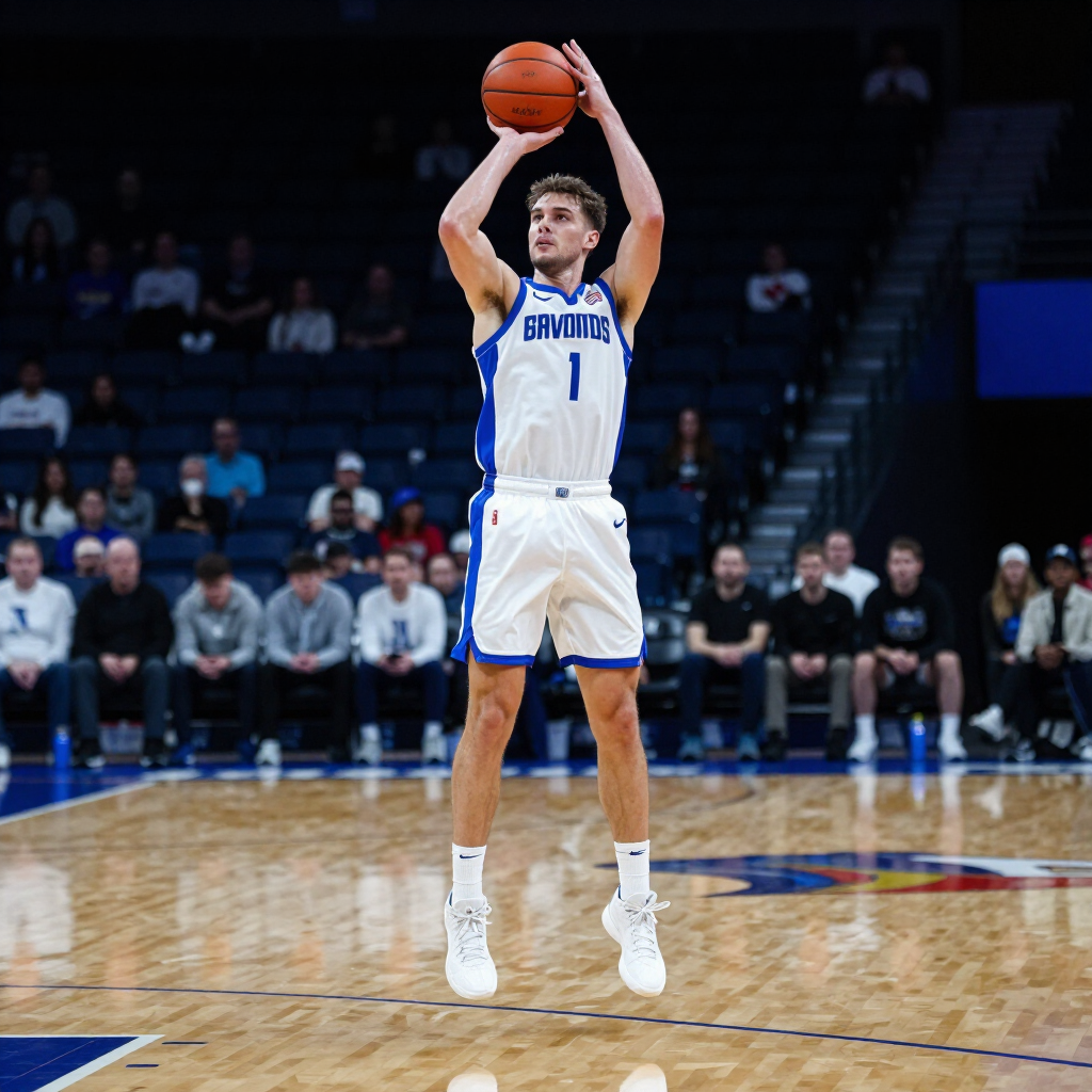 Basketball player in white uniform shoots a jump shot on an indoor court