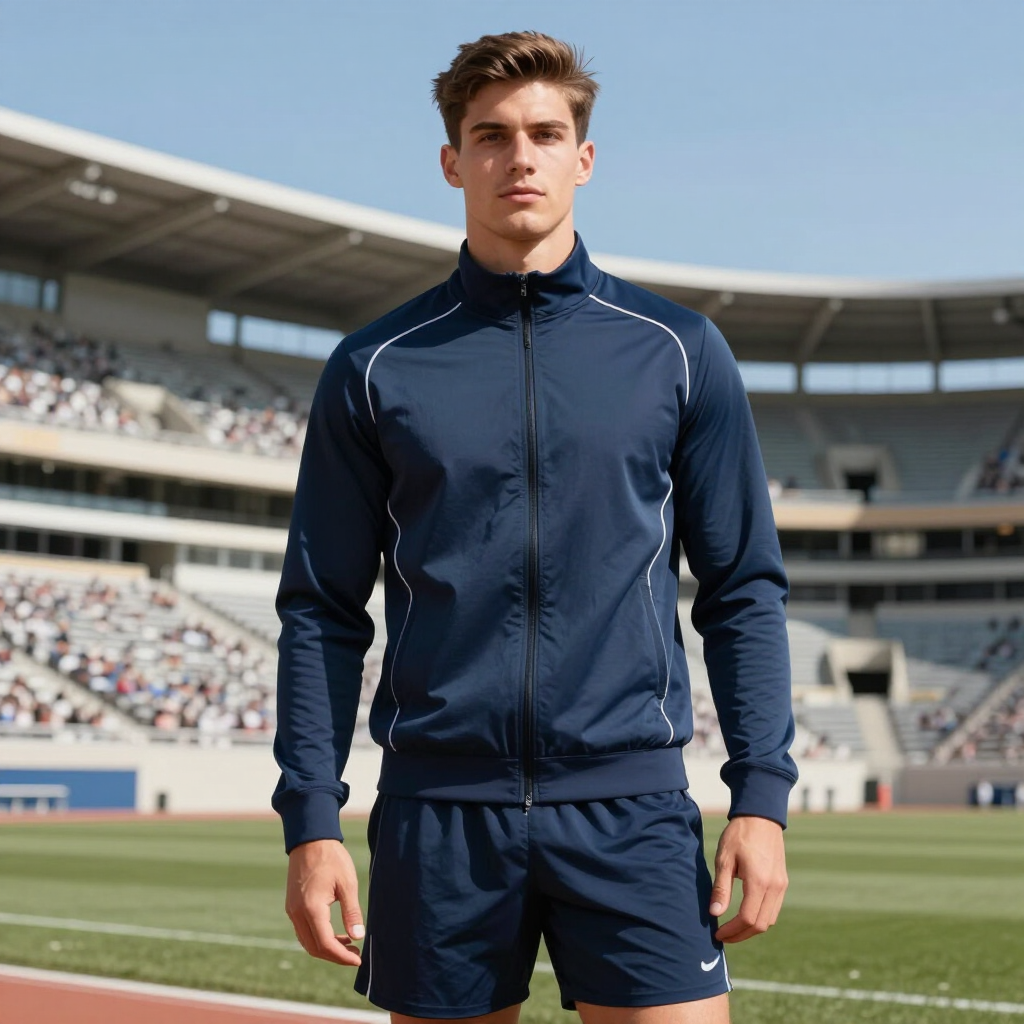 Athlete in navy tracksuit standing on a stadium field with stands in the background