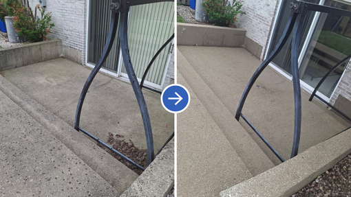 Before-and-after view of a concrete stair area with a repaired black metal railing support.