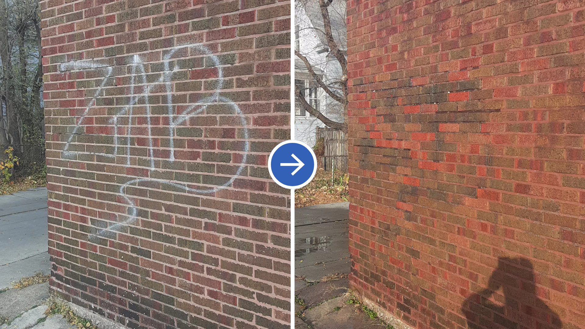 Brick wall with faded graffiti, shown in a before-and-after split view.