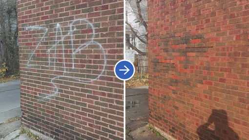 Brick wall with faded graffiti, shown in a before-and-after split view.