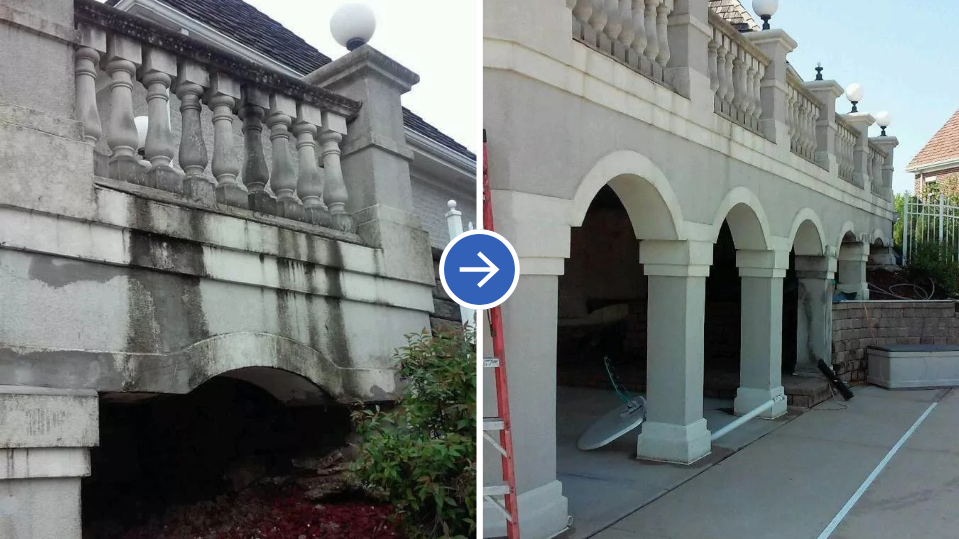 Split view of a stone bridge underpass and a cream-colored arched walkway with columns