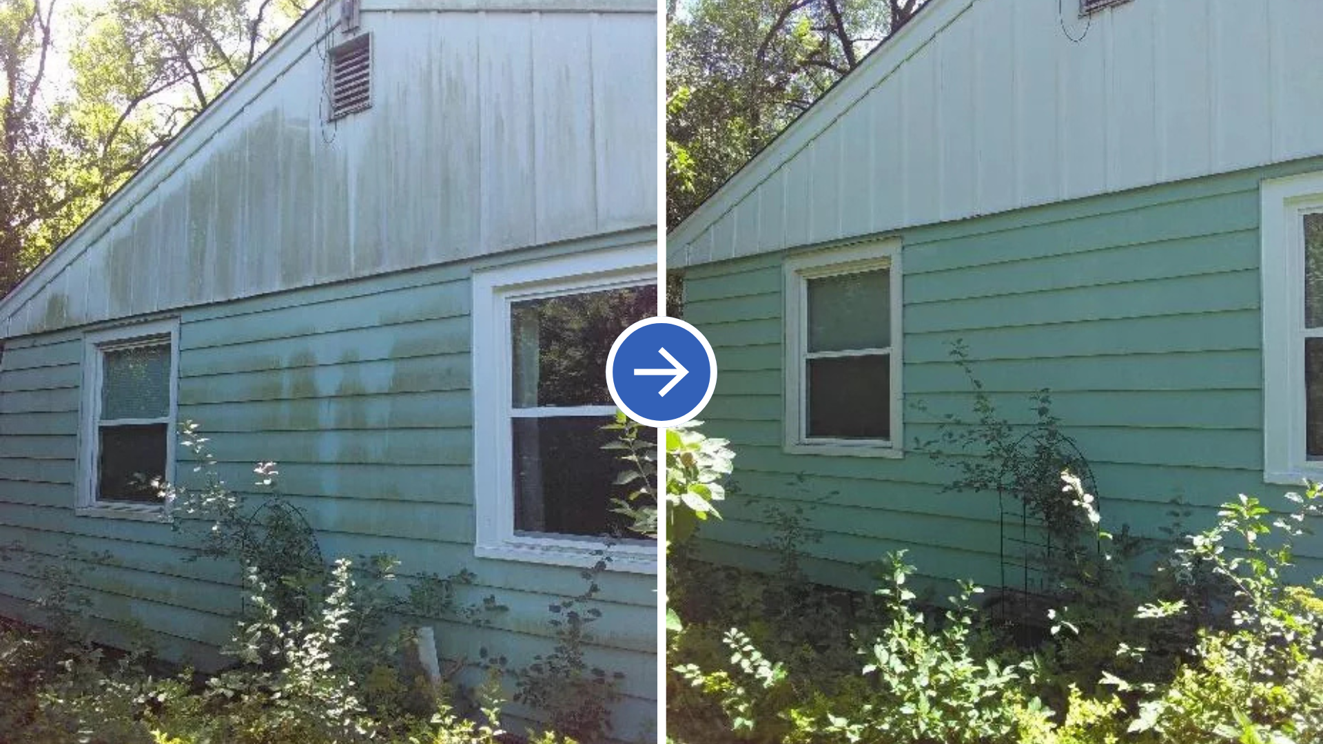 Before-and-after view of a light blue house exterior with a window and siding changes.