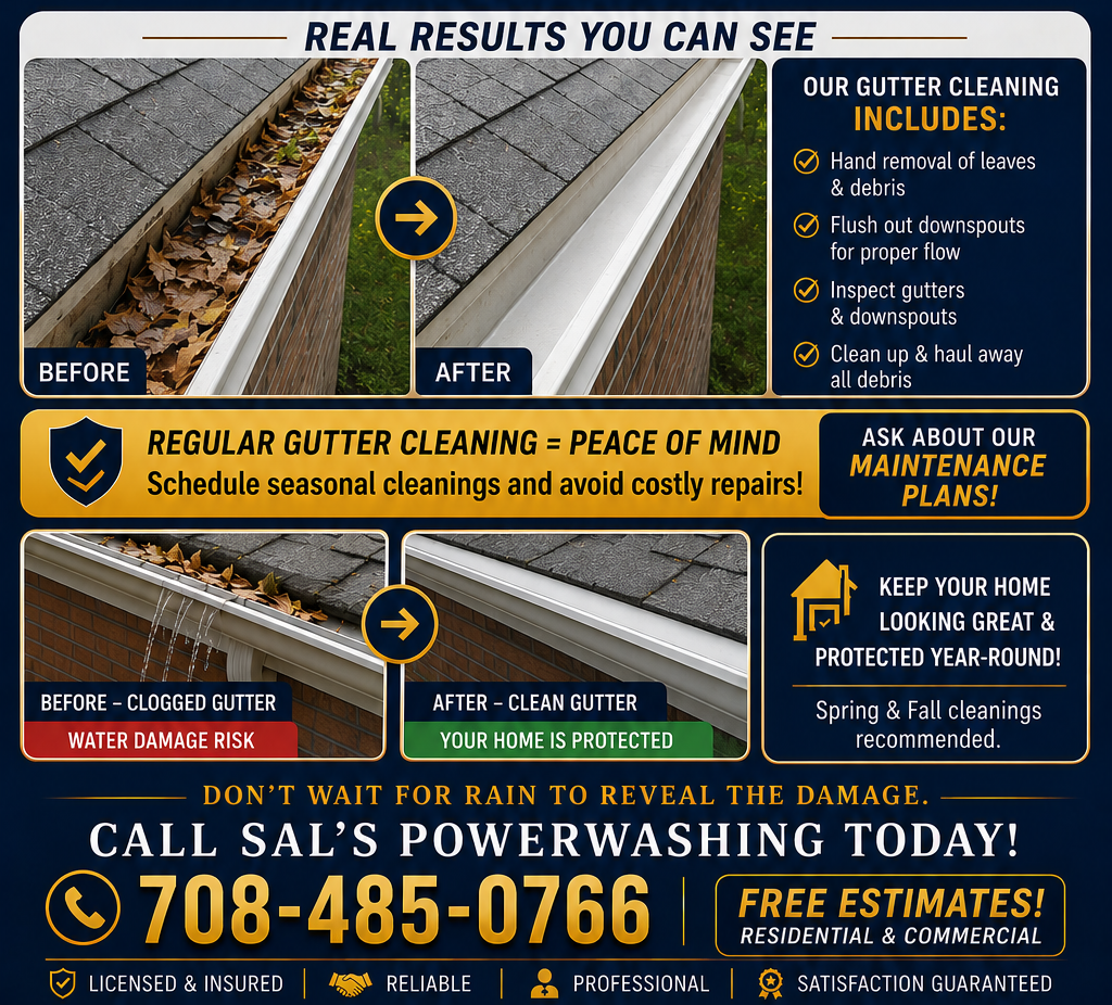 Gutter cleaning ad showing before-and-after gutters, service features, and phone number 708-485-0766