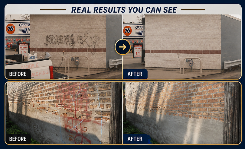 Before-and-after brick wall cleaning results, with dirt stains removed and a brighter surface shown.