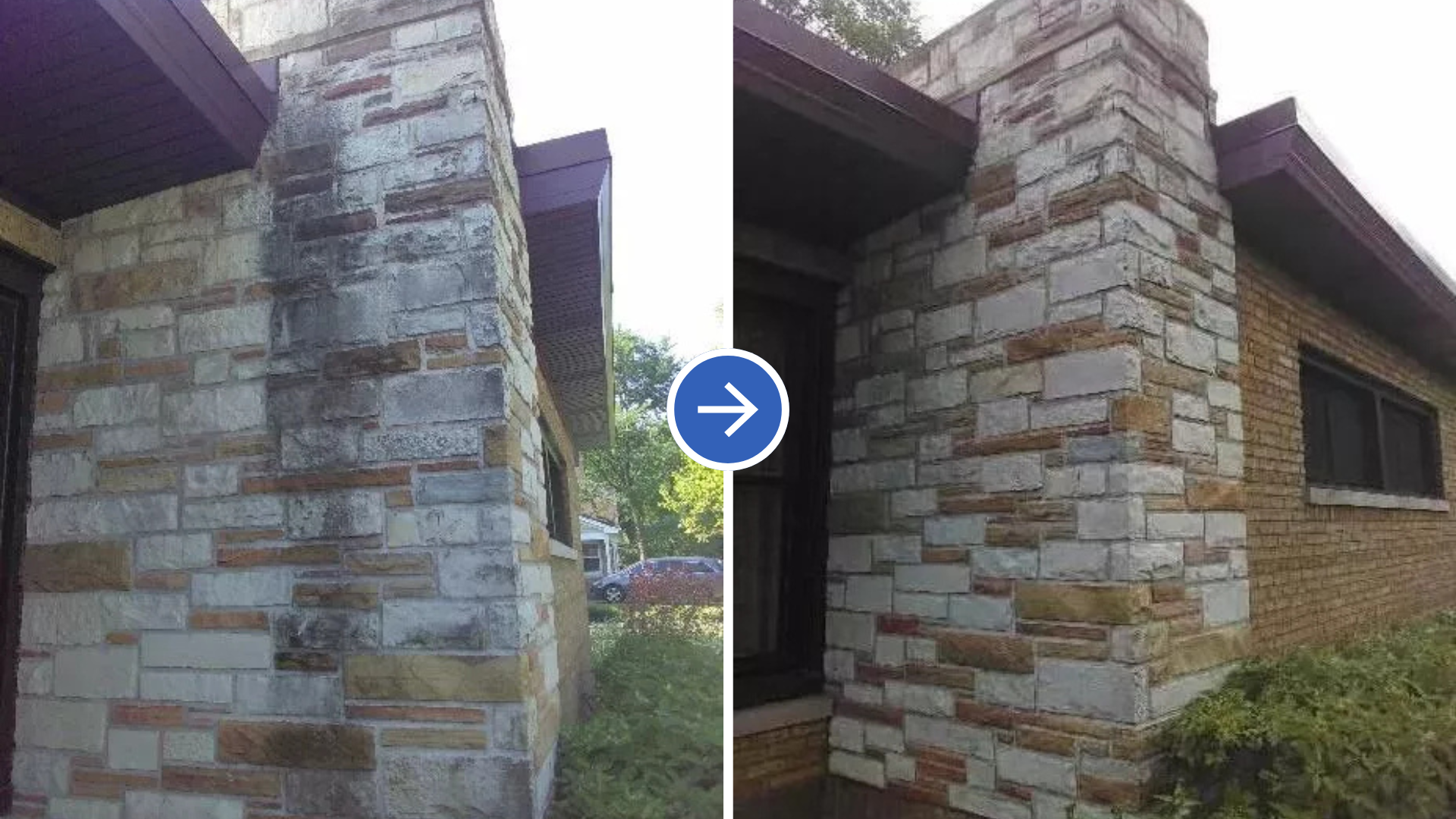 Stone house exterior shown in a side-by-side comparison with an arrow indicating a change in view
