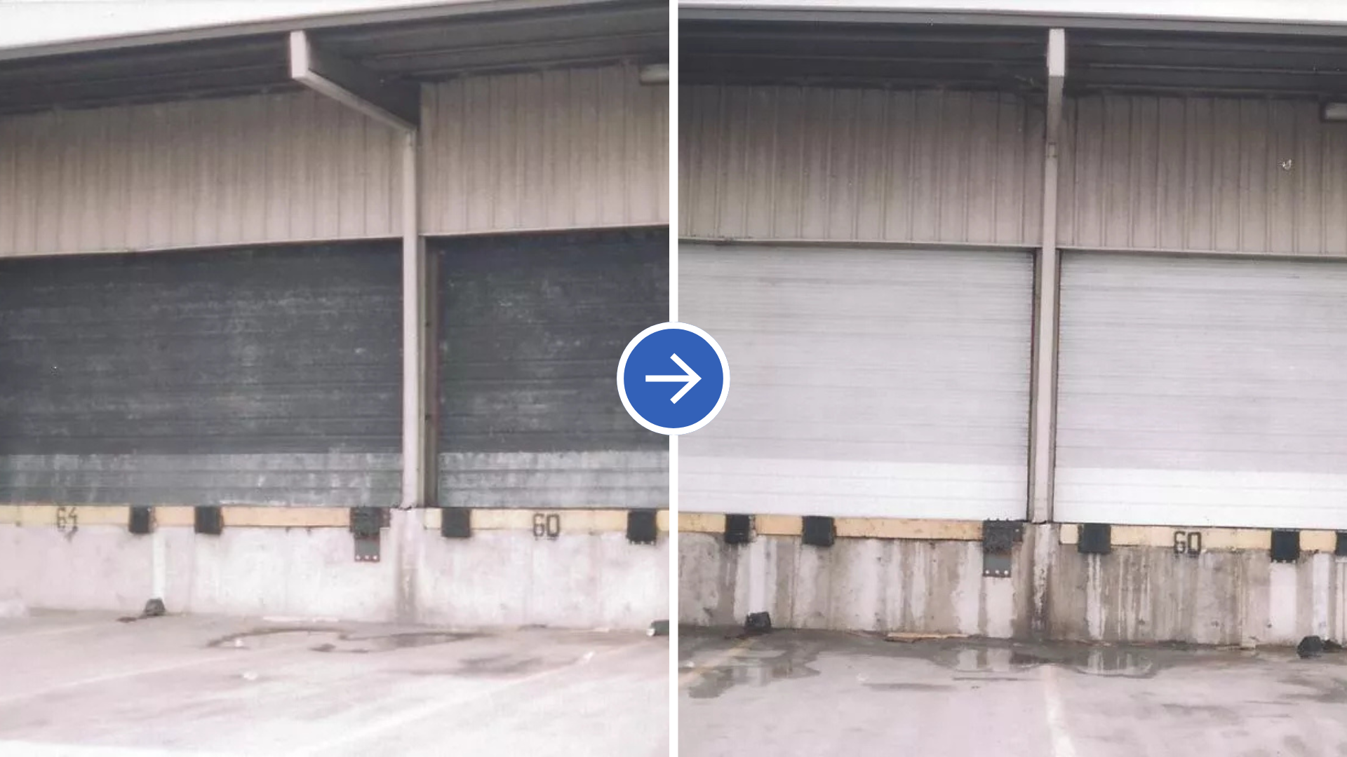 Closed warehouse loading dock with gray roll-up doors and a blue right-arrow sign in the center