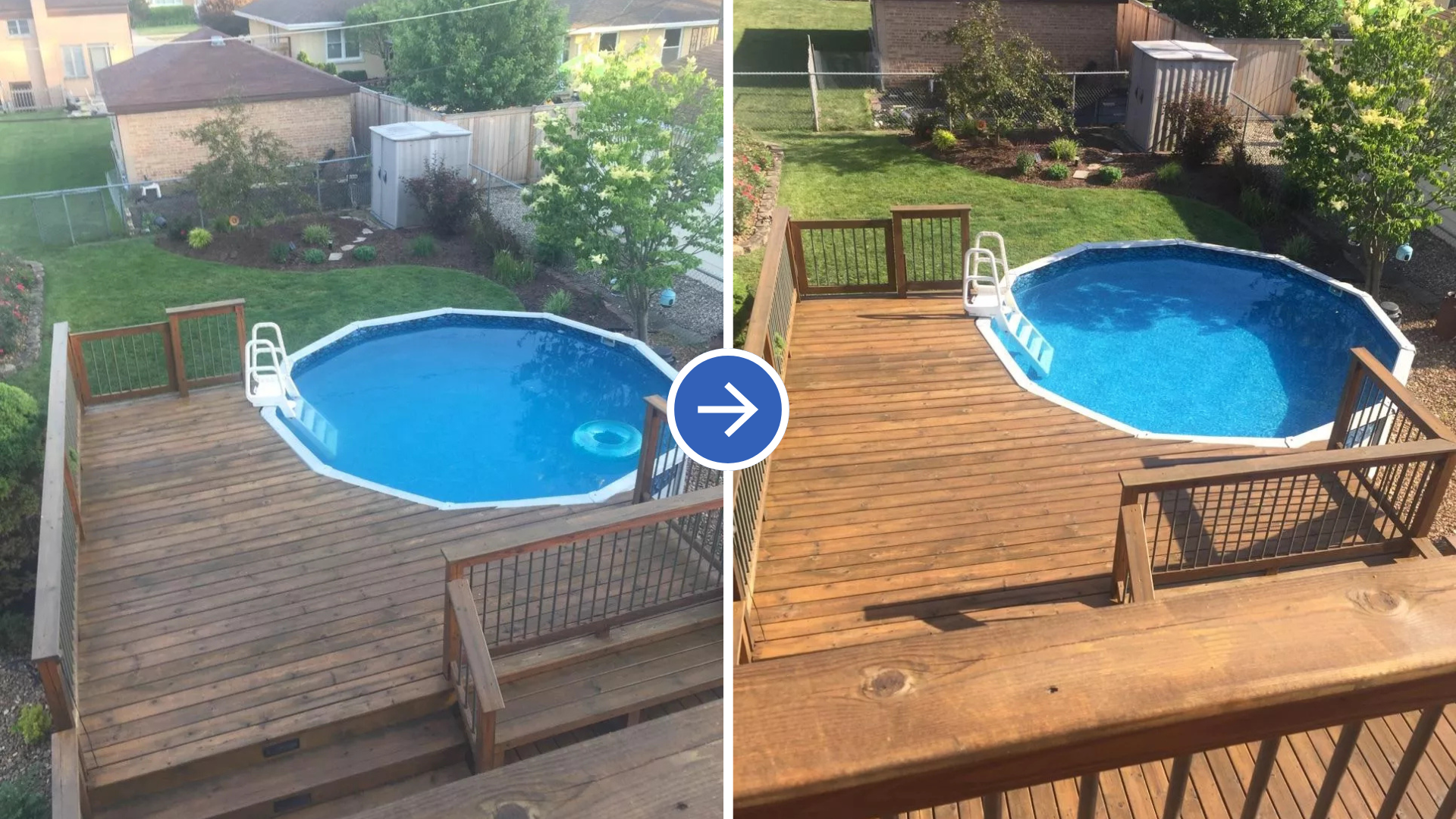 Before-and-after view of a backyard deck with a blue above-ground pool and green lawn behind it